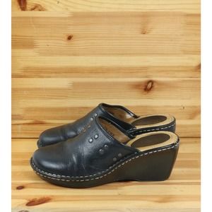 Born Women Sz 9 Slip On Studded Mule Clogs Wedge Shoes Heels Black Leather